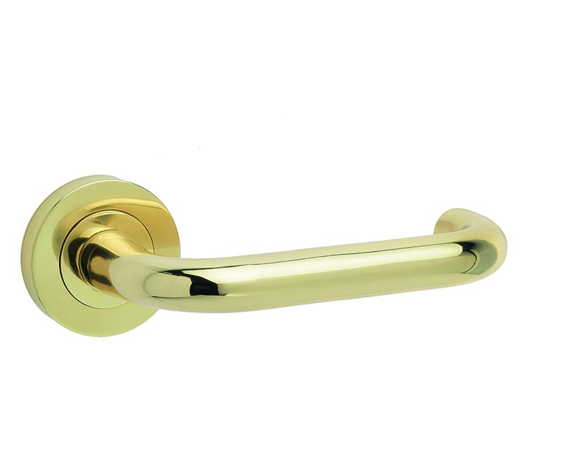 This is an image showing the Frelan - Thame Levers on Round Rose - Polished Brass available to order from Trade Door Handles in Kendal