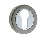 High quality image of Frelan - Jedo Dual Euro Profile Escutcheons on 50mm Round Rose Polished Chrome Polished Black Nickel Sku. JV503EPCBN