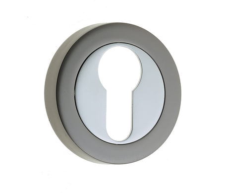 High quality image of Frelan - Jedo Dual Euro Profile Escutcheons on 50mm Round Rose Polished Chrome Polished Black Nickel Sku. JV503EPCBN