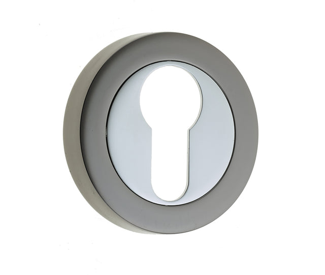 High quality image of Frelan - Jedo Dual Euro Profile Escutcheons on 50mm Round Rose Polished Chrome Polished Black Nickel Sku. JV503EPCBN