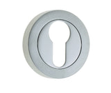 High quality image of Frelan - Jedo Dual Euro Profile Escutcheons on 50mm Round Rose Polished Chrome / Satin Chrome Sku. JV503EPCSC