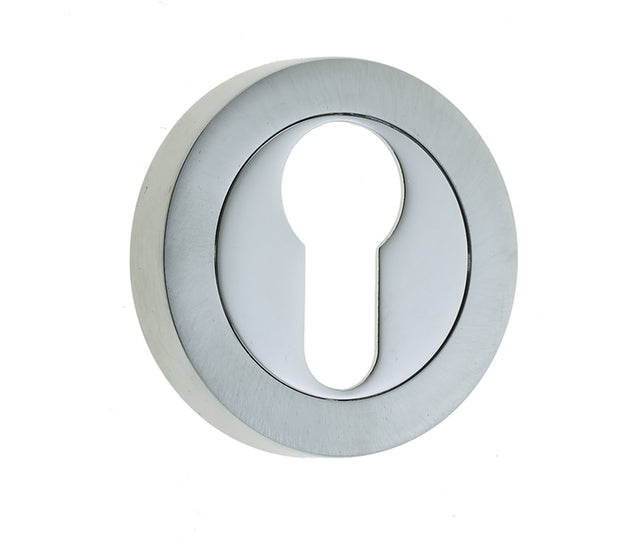 High quality image of Frelan - Jedo Dual Euro Profile Escutcheons on 50mm Round Rose Polished Chrome / Satin Chrome Sku. JV503EPCSC