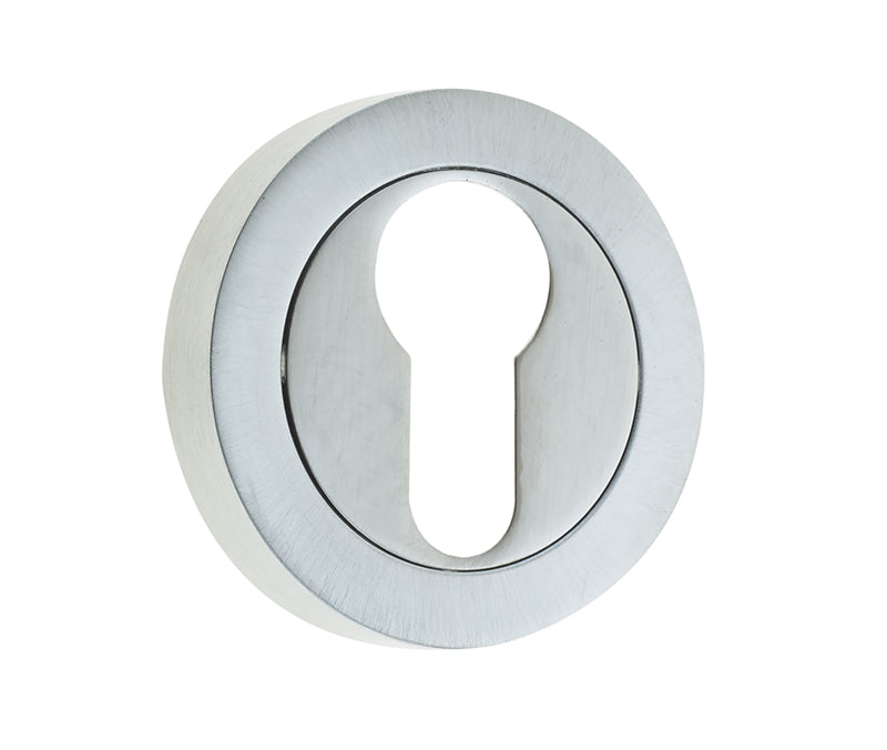 High quality image of Frelan - Jedo Designer Euro Profile Escutcheons on 50mm Round Rose Satin Chrome Sku. JV503ESC