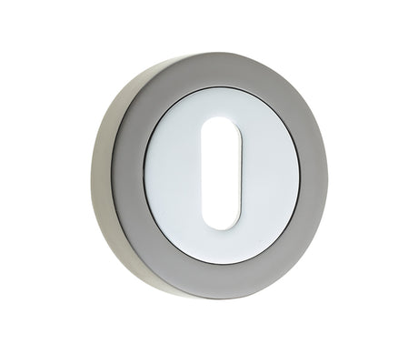 High quality image of Frelan - Jedo Dual Standard Keyway Escutcheons on 50mm Round Rose Polished Chrome Polished Black Nickel Sku. JV503PCBN