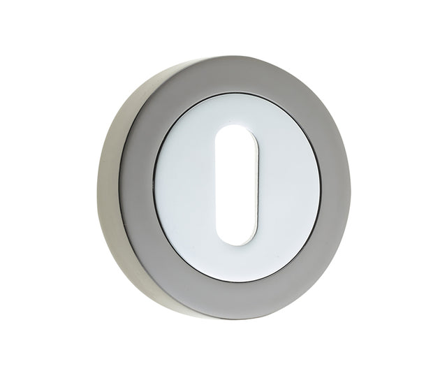 High quality image of Frelan - Jedo Dual Standard Keyway Escutcheons on 50mm Round Rose Polished Chrome Polished Black Nickel Sku. JV503PCBN
