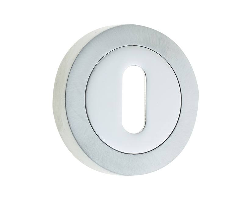 High quality image of Frelan - Jedo Dual Standard Keyway Escutcheons on 50mm Round Rose Polished Chrome / Satin Chrome Sku. JV503PCSC