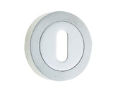 High quality image of Frelan - Jedo Dual Standard Keyway Escutcheons on 50mm Round Rose Polished Chrome / Satin Chrome Sku. JV503PCSC
