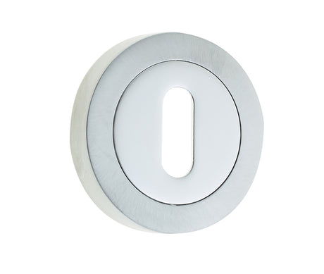High quality image of Frelan - Jedo Dual Standard Keyway Escutcheons on 50mm Round Rose Polished Chrome / Satin Chrome Sku. JV503PCSC