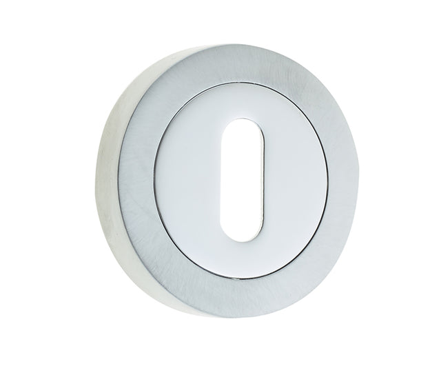 High quality image of Frelan - Jedo Dual Standard Keyway Escutcheons on 50mm Round Rose Polished Chrome / Satin Chrome Sku. JV503PCSC