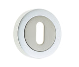 High quality image of Frelan - Jedo Dual Standard Keyway Escutcheons on 50mm Round Rose Polished Chrome / Satin Nickel Sku. JV503PCSN