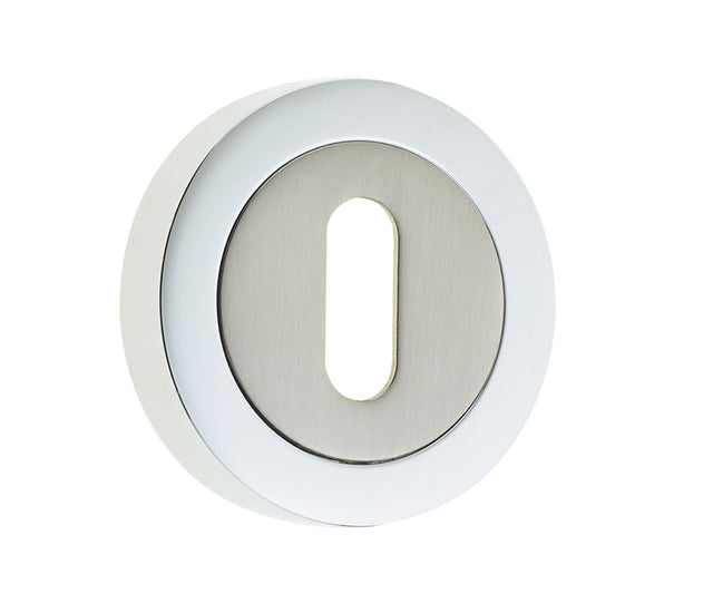High quality image of Frelan - Jedo Dual Standard Keyway Escutcheons on 50mm Round Rose Polished Chrome / Satin Nickel Sku. JV503PCSN