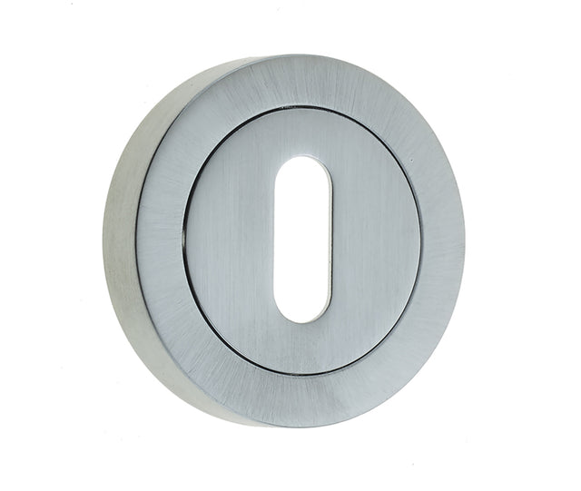 High quality image of Frelan - Jedo Designer Standard Keyway Escutcheons on 50mm Round Rose Satin Chrome Sku. JV503SC
