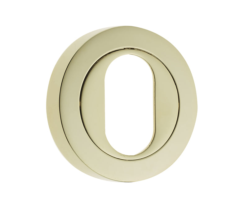 High quality image of Frelan - Jedo Designer Oval Profile Escutcheons on 50mm Round Rose Brass Finish Sku. JV503UPVD