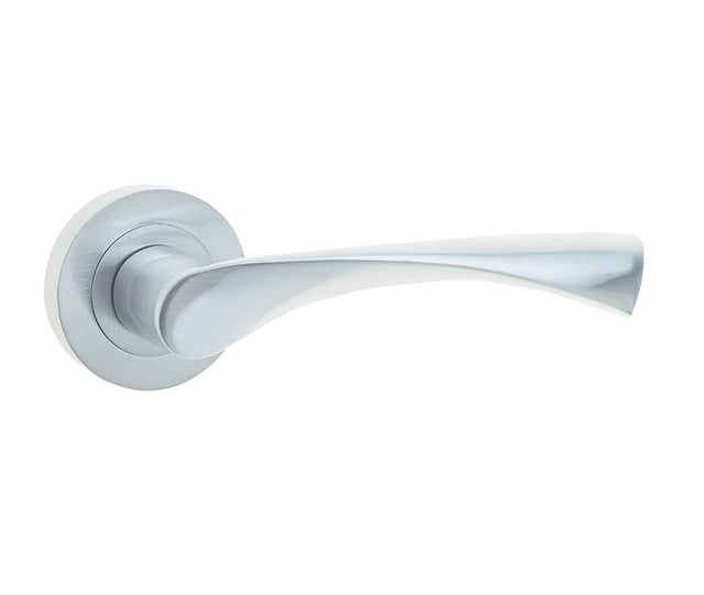 This is an image showing the Frelan - Twirl Levers on Round Rose - Satin Chrome available to order from Trade Door Handles in Kendal