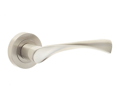 This is an image showing the Frelan - Twirl Levers on Round Rose - Satin Nickel available to order from Trade Door Handles in Kendal