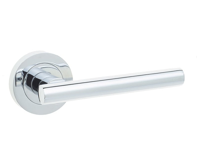 This is an image showing the Frelan - Petra Lever Handles on Round Rose - Polished Chrome available to order from Trade Door Handles in Kendal