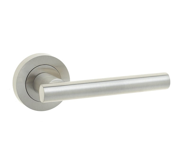 This is an image showing the Frelan - Petra Lever Handles on Round Rose - Satin Nickel available to order from Trade Door Handles in Kendal