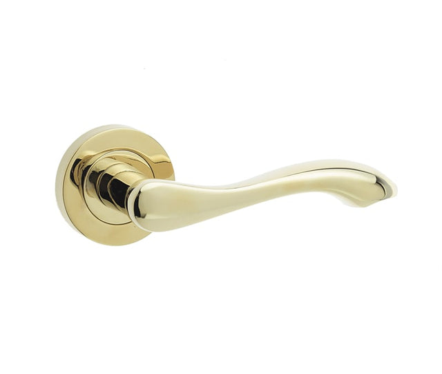 This is an image showing the Frelan - Gamma Levers on Round Rose - PVD Brass available to order from Trade Door Handles in Kendal