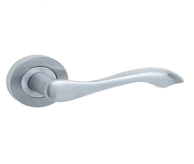 This is an image showing the Frelan - Gamma Levers on Round Rose - Satin Chrome available to order from Trade Door Handles in Kendal