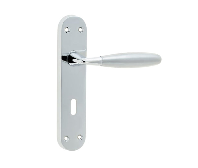 This is an image showing the Frelan - Stylo Standard Lock Handles on Backplate - Polished Chrome/Satin Chrome available to order from Trade Door Handles in Kendal