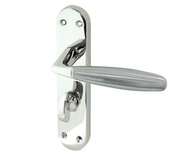 This is an image showing the Frelan - Stylo Bathroom Lock Handles on Backplate - Polished Chrome/Satin Chrome available to order from Trade Door Handles in Kendal