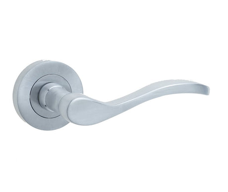 This is an image showing the Frelan - Turin Levers on Round Rose - Satin Chrome available to order from Trade Door Handles in Kendal