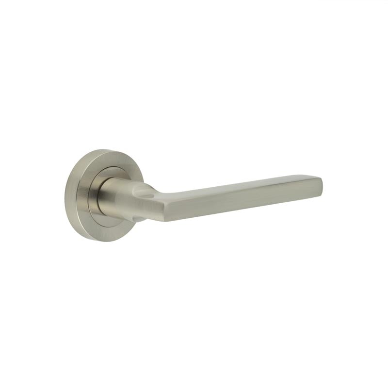 This is an image showing the Frelan - Jet Door Handles in Satin Nickel available to order from Trade Door Handles in Kendal