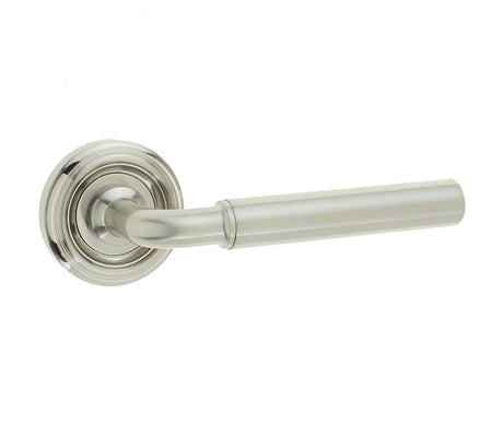 This is an image showing the Frelan - Elise Levers on Round Rose - Satin Nickel available to order from Trade Door Handles in Kendal