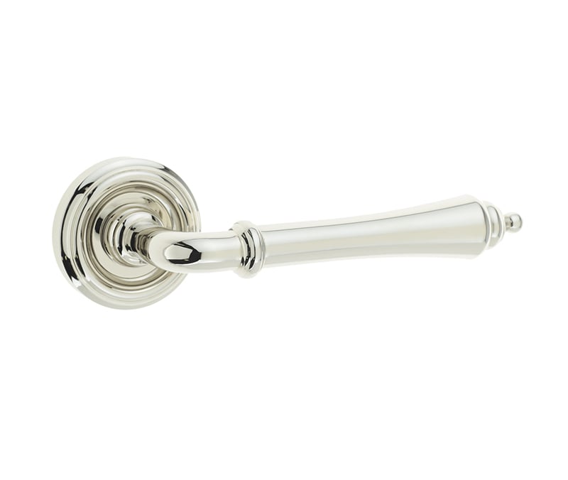 This is an image showing the Frelan - Camille Levers on Round Rose - Polished Nickel available to order from Trade Door Handles in Kendal