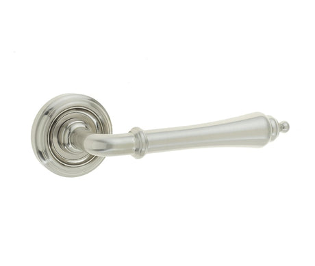 This is an image showing the Frelan - Camille Levers on Round Rose - Satin Nickel available to order from Trade Door Handles in Kendal