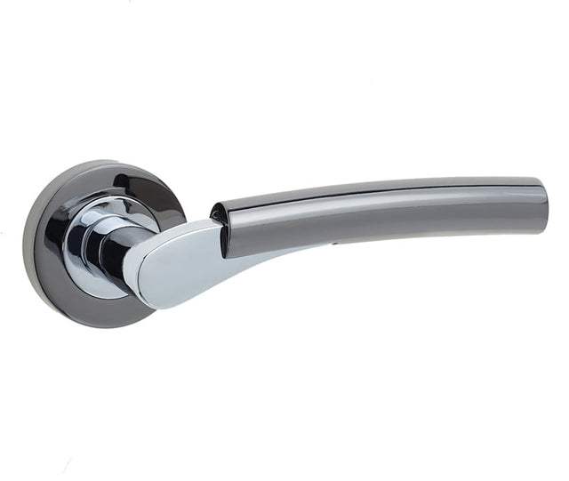 This is an image showing the Frelan - Arkus Levers on Round Rose - Polished Chrome/Black Nickel available to order from Trade Door Handles in Kendal