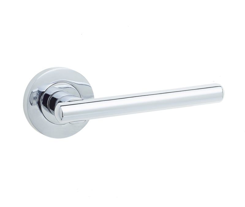 This is an image showing the Frelan - Rosetta Levers on Round Rose - Polished Chrome available to order from Trade Door Handles in Kendal