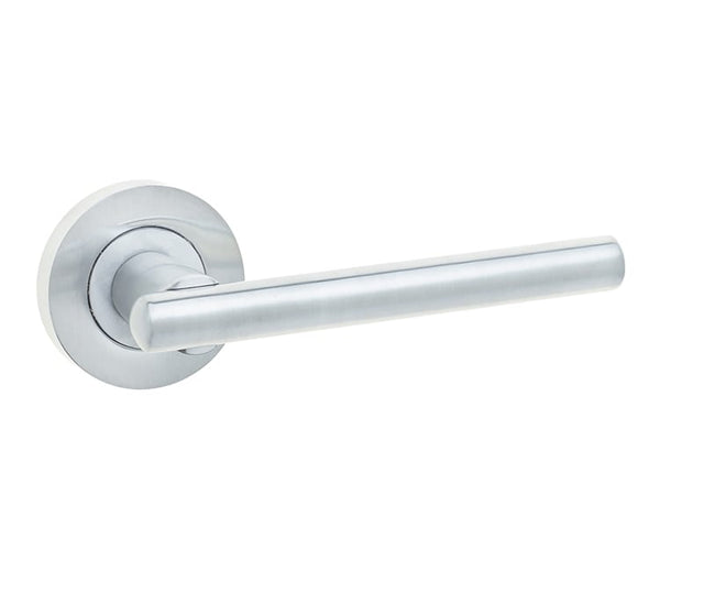 This is an image showing the Frelan - Rosetta Levers on Round Rose - Satin Chrome available to order from Trade Door Handles in Kendal