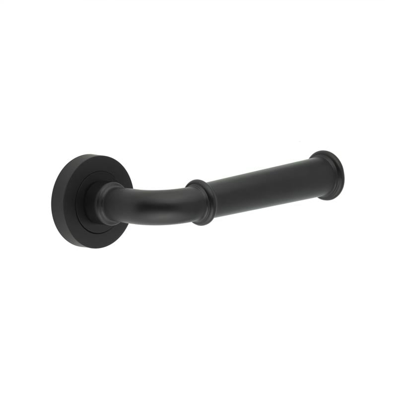 This is an image showing the Frelan - Classic Matt Black Lever on rose available to order from Trade Door Handles in Kendal