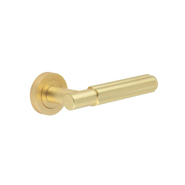 High quality image of Frelan - Bloom Satin Brass Lever on Rose Sku. JV848SB