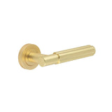 This is an image showing the Frelan - Bloom Satin Brass Lever on Rose available to order from Trade Door Handles in Kendal