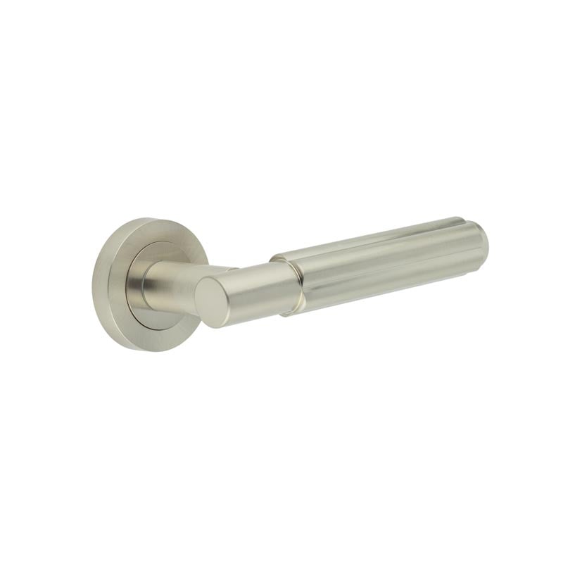 This is an image showing the Frelan - Bloom Satin Nickel Lever on rose available to order from Trade Door Handles in Kendal