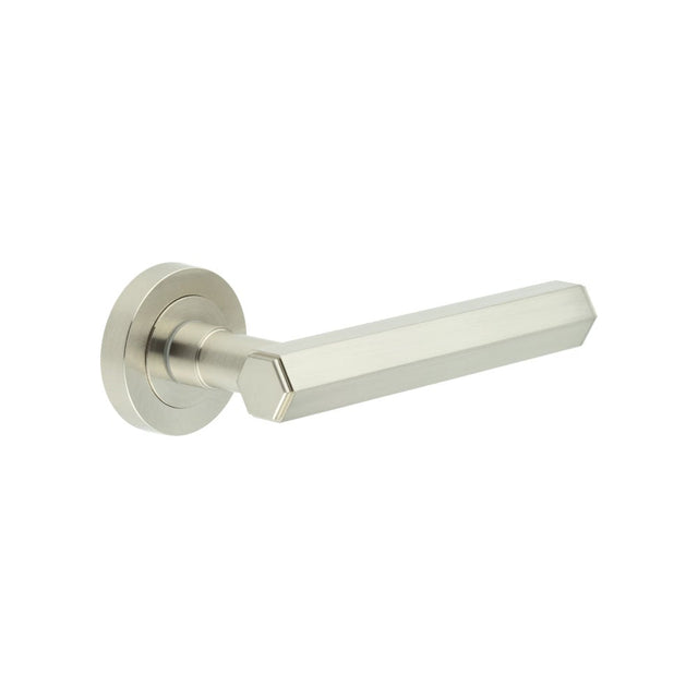 This is an image showing the Frelan - Jedo Hex Satin Nickel Door Handle available to order from Trade Door Handles in Kendal