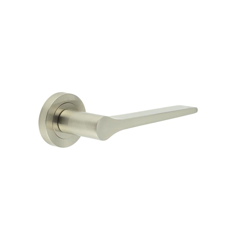 This is an image showing the Frelan - Geo Door Handle in Satin Nickel available to order from Trade Door Handles in Kendal