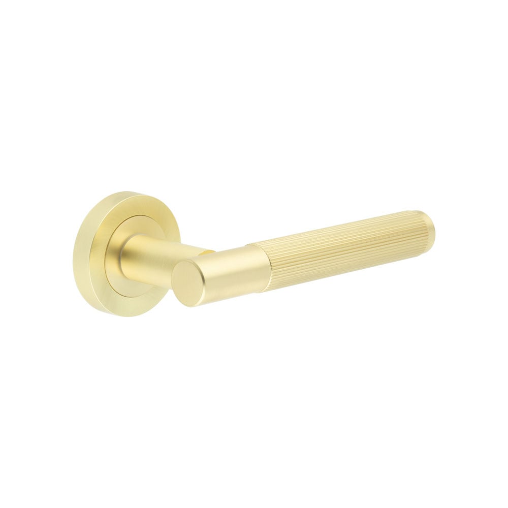 This is an image showing the Frelan - Venice Satin Brass Lever on rose available to order from Trade Door Handles in Kendal