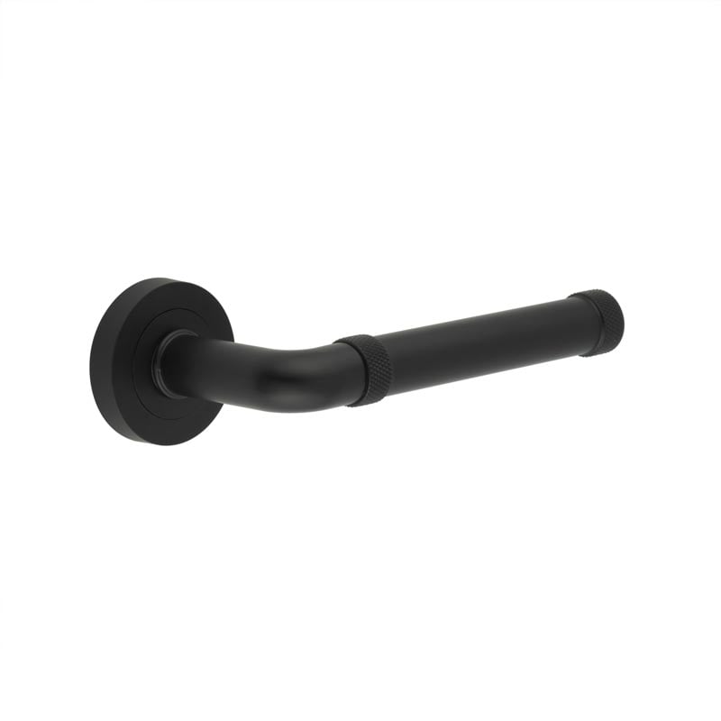 This is an image showing the Frelan - Midtown Matt Black lever on rose available to order from Trade Door Handles in Kendal