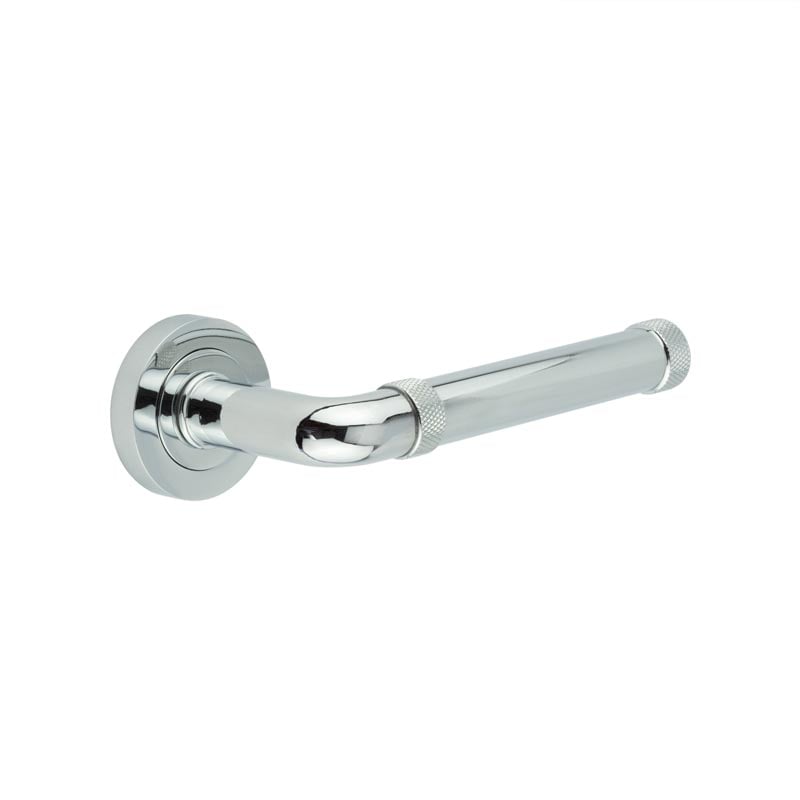 This is an image showing the Frelan - Midtown Polished Chrome lever on rose available to order from Trade Door Handles in Kendal