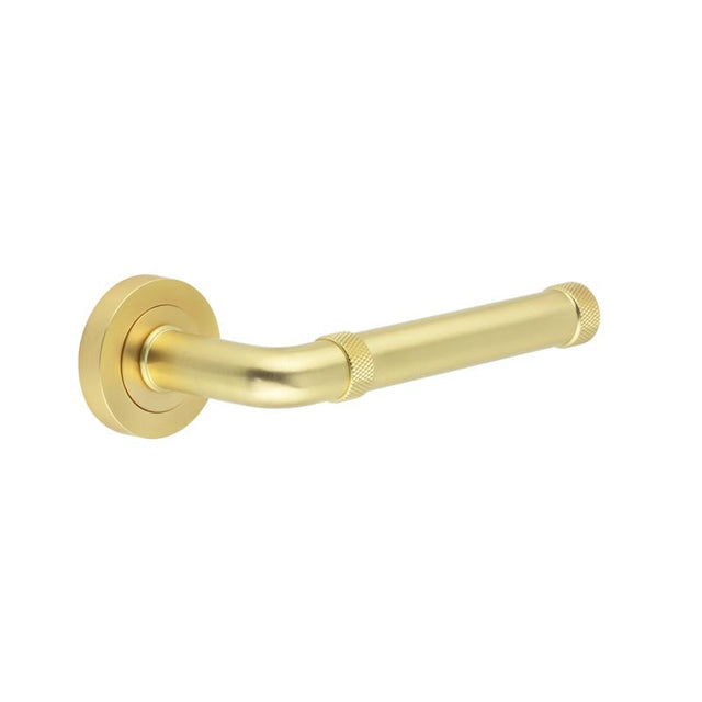 This is an image showing the Frelan - Midtown Satin Brass lever on rose available to order from Trade Door Handles in Kendal