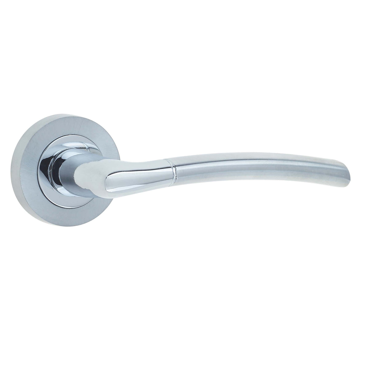 This is an image showing the Frelan - Lorenzo Levers on Round Rose - Polished Chrome/Satin Chrome available to order from Trade Door Handles in Kendal