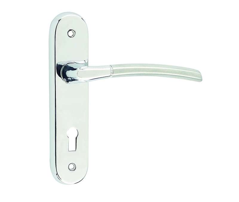 This is an image showing the Frelan - Lorenzo Kontrax Suite Door Handle on Lockplate Polished Chrome/Satin Ch available to order from Trade Door Handles in Kendal