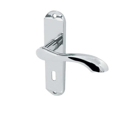 This is an image showing the Frelan - Broadway Standard Lever Lock Handles on Backplates - Polished Chrome available to order from Trade Door Handles in Kendal