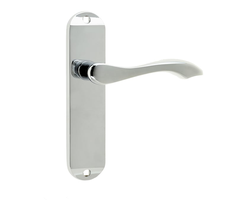 This is an image showing the Frelan - Broadway Lever Latch Handles on Backplates - Polished Chrome available to order from Trade Door Handles in Kendal