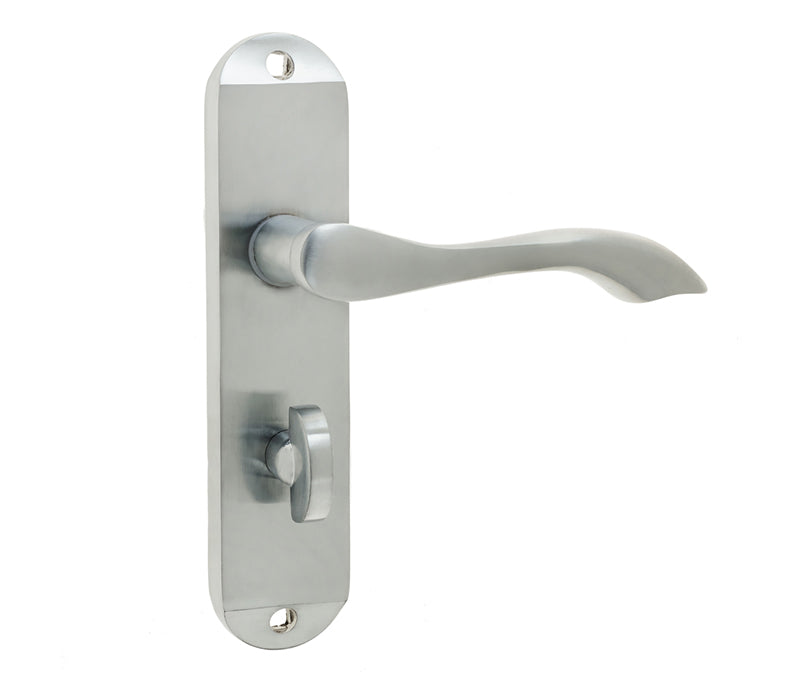 High quality image of Frelan - Broadway Suite Door Handle on Bathroom Plate Satin Chrome Sku. JV922SC