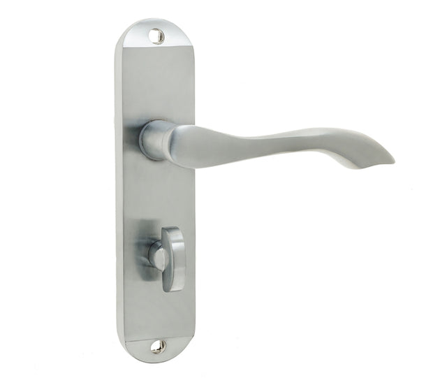 High quality image of Frelan - Broadway Suite Door Handle on Bathroom Plate Satin Chrome Sku. JV922SC