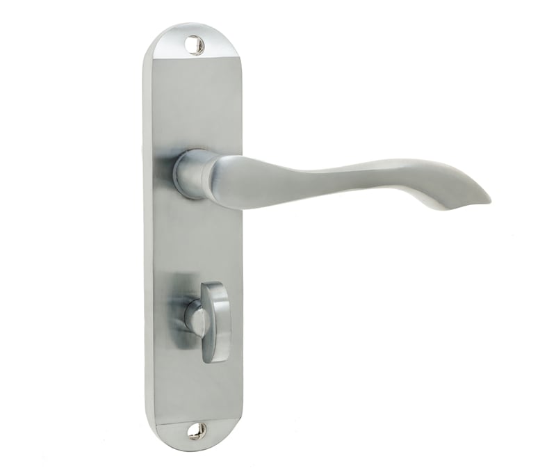 This is an image showing the Frelan - Broadway Bathroom Lock Handles on Backplates - Satin Chrome available to order from Trade Door Handles in Kendal